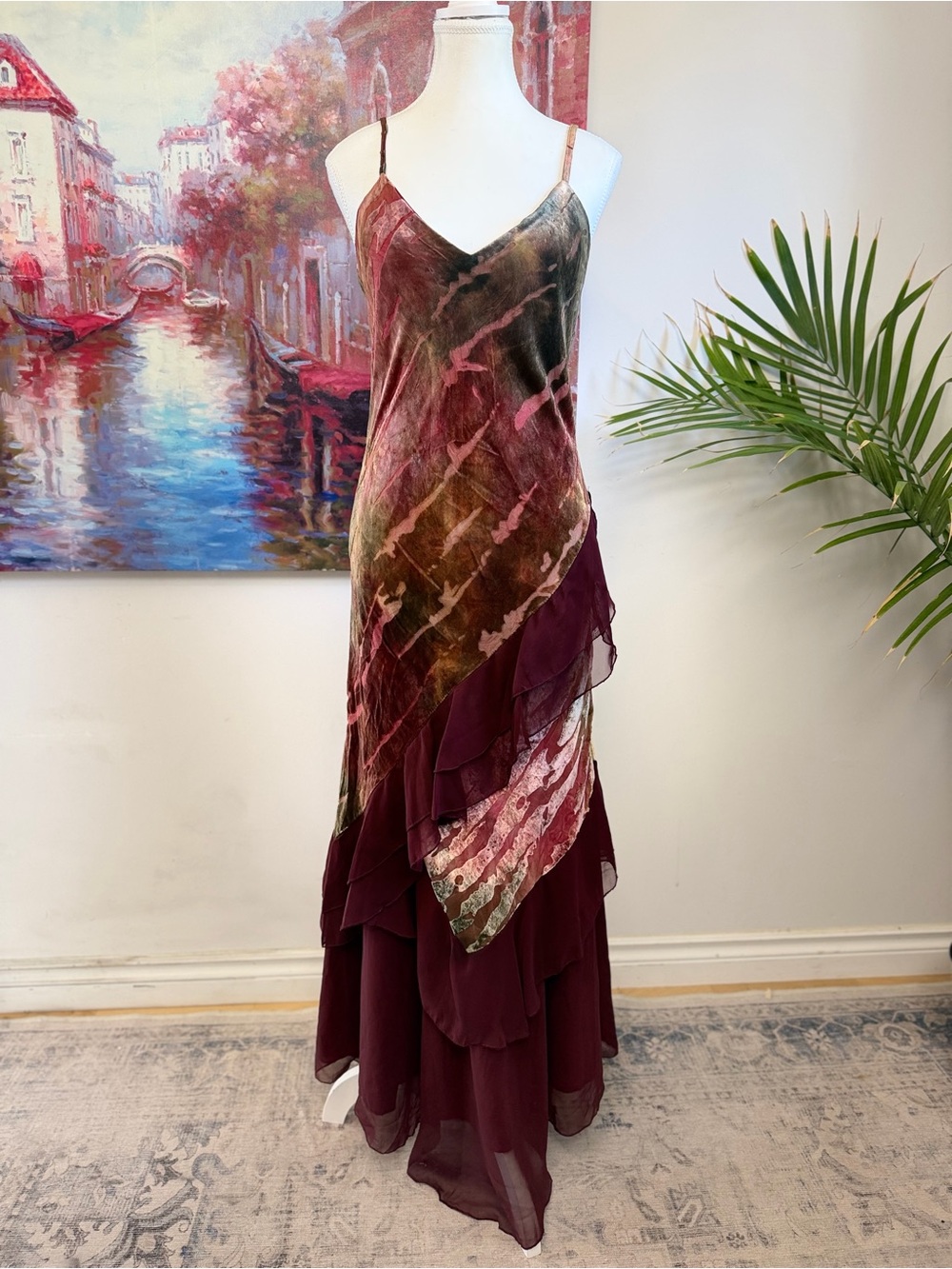 Vintage 90s Jeff Gallano Paris Devoré Velvet Chiffon Ruffle Maxi Dress France
